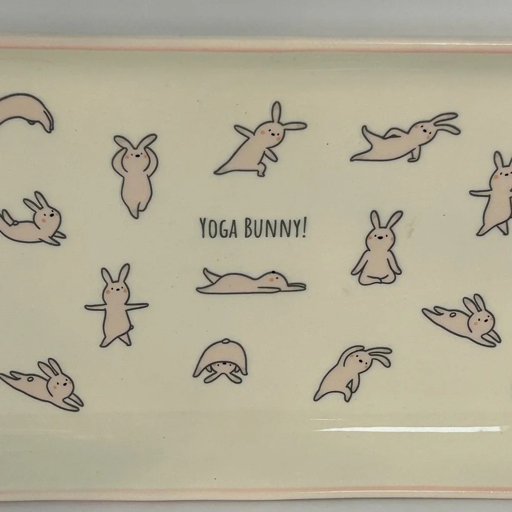 Woolly Heads by Magenta‎ Rectangular Ceramic Tray Yoga Bunny Theme Pink Trim